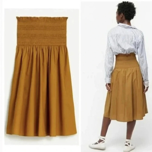 NWT J. Crew Smocked-waist cotton poplin midi skirt SZ large dark mustard color - Picture 1 of 12